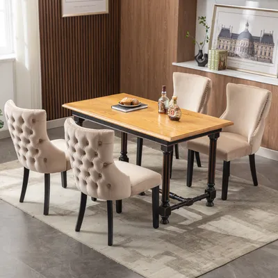 Immagine prodotto di MODFU - Set di 4 sedie da pranzo imbottite, con gambe in legno massello nero, ideali come sedie per il soggiorno o la cucina, con schienale trapuntato a bottoni. Sedie da pranzo, da cucina, adatte per soggiorno e camera da letto, rivestite in velluto color beige
