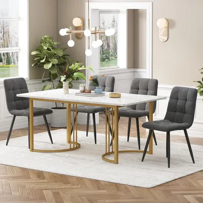 Obrázok produktu pre Jedálenská zostava: stôl a 4 stoličky, rozmer 140x80 cm, farba: biela/zlatá, materiál: sivý zamat