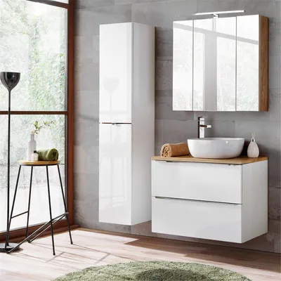 Produktbild von Badmöbel Set mit Keramik-Aufsatzwaschbecken TOSKANA-56 Hochglanz weiß & Wotaneiche BxHxT ca. B/H/T: 135/190/46cm