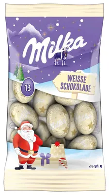 Zdjęcie produktu dla Milka, świąteczne czekoladowe kulki, biała czekolada, opakowanie 81g