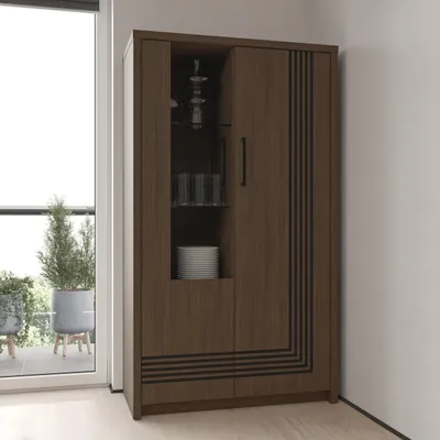 Produktbild von Forte EUFEMIUS Vitrine 90 95, moderner Vitrinenschrank mit dekorativer Fräsung, 2 Türen, Holzwerkstoff, Dunkelbraun|Schwarz Eiche Holzdekor, 91,5 cm breit x 159,9 cm hoch x 41,6 cm tief