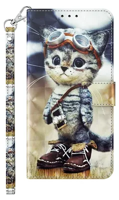 A phone case with a cat illustration and a strap.