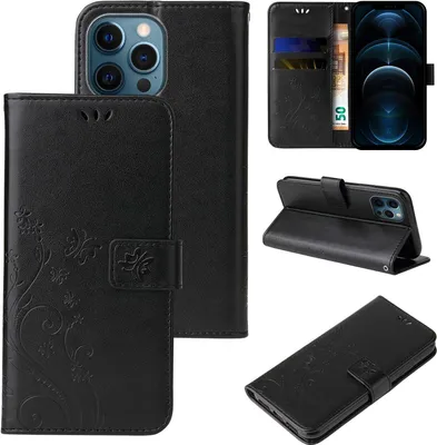 Produktbild von Handyhülle für Apple iPhone 12 Pro Floral Blumen Schmetterling Flip Cover Hülle Case Klapphülle Handytasche Farbe: Schwarz