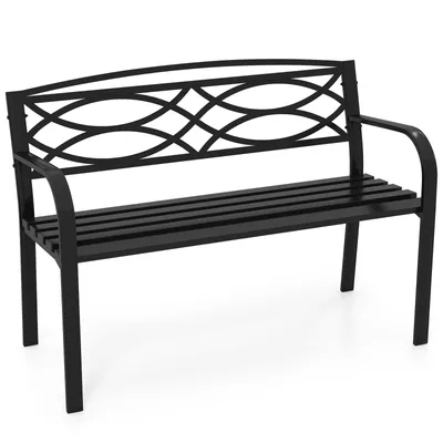 A black metal garden bench with a decorative backrest is shown against a white background.