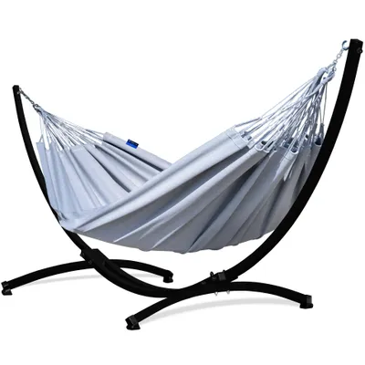 Produktbild von Potenza Outdoor Merida Hängematte mit Gestell für 2 Personen I Baumwolle Doppelhängematte XXL 220x160, 220kg I Schwarz  Hängemattengestell 220kg, wetterfest