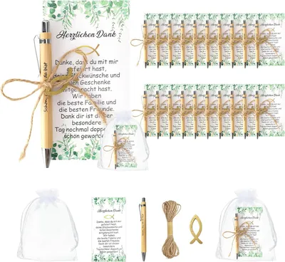 Productafbeelding van Sets Communiegeschenken - Set van 20 - Waaronder een houten pen met een bedankkaartje - Houten visje en een organzazakje