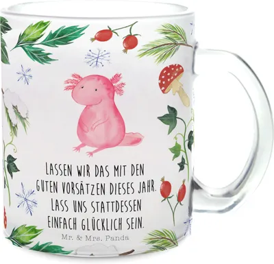 Produktbild von Mr. & Mrs. Panda Trinkglas Axolotl Glücklich - Transparent - Geschenk, Teetasse, Pott, Tee Tasse, Weihnachten, Häferl, Teeglas