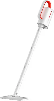 A white and red stick vacuum cleaner is shown against a white background.