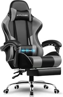 Productafbeelding van Gaming stoel, kantoork stoel, ergonomische computerstoel, gaming fauteuil met massagefunctie voor de lendensteun, bureaustoelen met voetsteun en hoofdsteun, grijs kunstleer