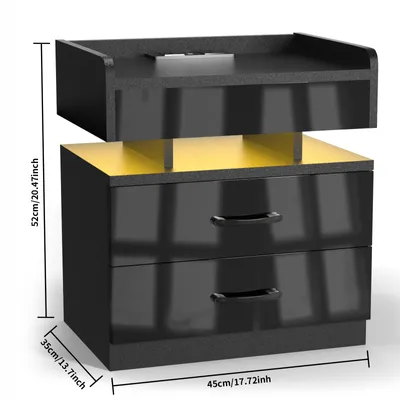 Image de Table de nuit avec éclairage LED avec 2 tiroirs 52,5x45x35cm noir
