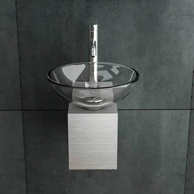 Produktbild von Alpenberger Aufsatzwaschbecken Glas Waschschüssel auf Edelstahlkasten | Mini Waschbecken Rund für Kleine Bäder & Gäste-WC | Waschtisch Klein Waschschale 38 cm Waschplatz | Sink Handwaschbecken