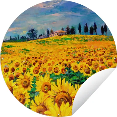 Produktbild von MuchoWow® Gartenposter Outdoor-Poster Rund Ölfarbe - Gemälde - Blumen - Sonnenblume Ø 60 cm Gartendeko Rundes Poster draußen