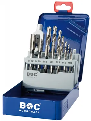 Produktbild von Bohrcraft Einschnitt-Gewindeb.DIN 352 HSS-G in BC-Metallkas. - 15-tlg. M3 - M12+7 Bohrer und 1 Windeisen / EGB 15 - (VPE: 1 Stk.)