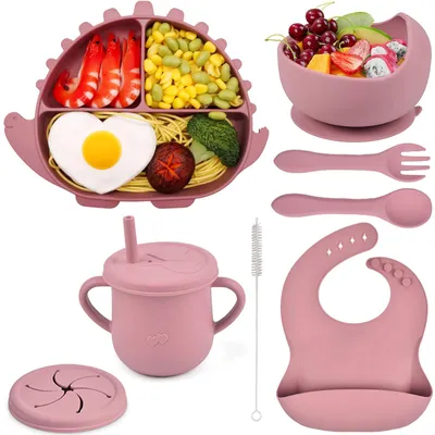 8-teiliges Baby-Silikon-Essset mit Saugnapf, Tiermotiv, Rosa
