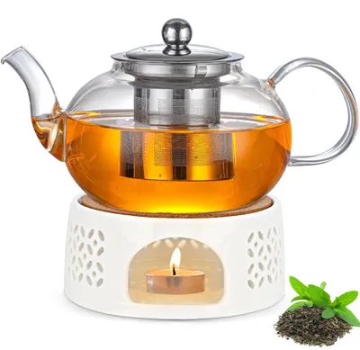 Gläserne Teekanne mit Teewärmer, 1000 ml, Edelstahlsieb