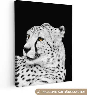 Produktbild von MuchoWow® - Leinwandbilder - Leopard - Weiß - Schwarz, Wandbild, Wanddeko Bilder Wohnzimmer, 60x80cm