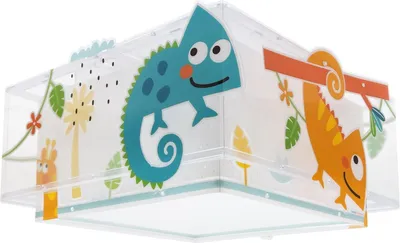 Produktbild von Kinder Deckenleuchte Happy Jungle Chamäleons bunt mit ausgestanzten Motiven, Doppelschirm, abnehmbarer Diffusor, 16,5 cm hoch