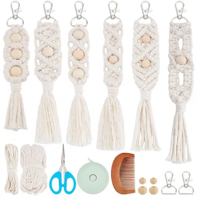 Makramee Schlüsselanhänger Set mit Holzkugeln, 6 Stück, DIY
