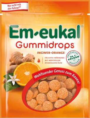 Obrázok produktu pre Em eukal gumové kvapky zázvor pomaranč s jemnou cukrovou kôrou 90g