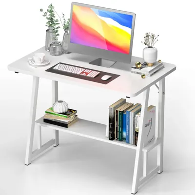 Zdjęcie produktu dla Stół komputerowy – mały stół do komputera – 80 x 50 x 73 cm – z półką – prostokątny stół drewniany – do biura i domu – biały