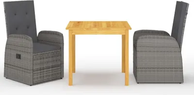 Produktbild von Gartenmöbel-Set 3-tlg. Grau Akazien-Massivholz, PE-Rattan, Stahl, Polyester Tisch und 2 Stühle mit Polstern