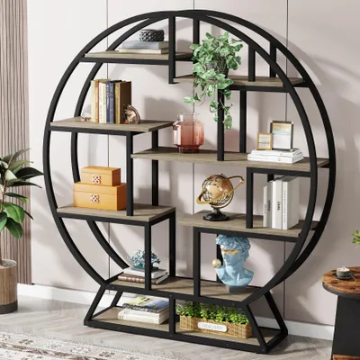 Produktbild von Tribesigns Bücherregal, rundes Bücherregal, Etagere-Bücherregal, 160 cm großes Bücherregal aus Holz im Industriestil mit versetzten Regalböden, Grau