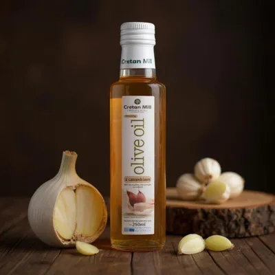 Immagine prodotto di Olio d'oliva aromatizzato Cretan Mill Extra Vergine all'aglio DOP Sitia, spremuto a freddo, 250 ml