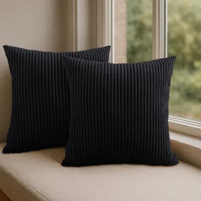 2 Kissenbezüge 45 x 45 cm Schwarz Gestreift Samt Weich mit Reißverschluss