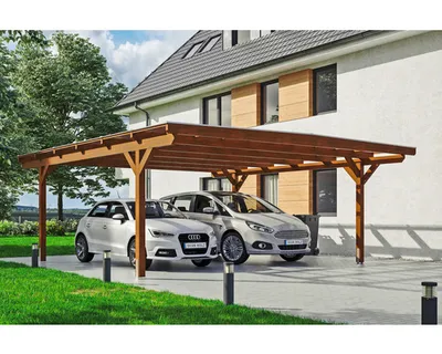 Produktbild von Doppelcarport SKAN HOLZ Odenwald inkl. Pfostenanker 640 x 648 cm nussbaum