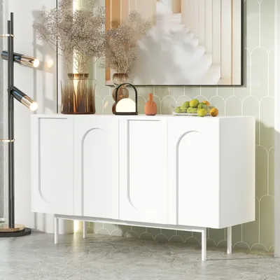 Image de Buffet moderne Flieks avec 4 portes en forme d'arc, idéal pour salle à manger et salon, meuble de rangement, buffet de cuisine, dimensions 140x42x80 cm, blanc