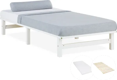 Produktbild von Homestyle4u Holzbett Palettenbett 90x200 mit Matratze Weiß Futonbett 3047
