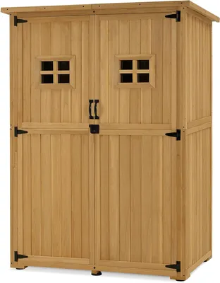 Image de Armoire de jardin en bois - Armoire de rangement extérieure - Rangement d'outils - Toit en asphalte étanche - 90x55x169 cm - Naturel