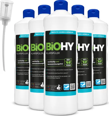 Produktbild von BiOHY Klarspüler (6x1l Flasche) + Dosierer | Ökologisches Hochkonzentrat | Geeignet für alle (gewerblichen) Spülmaschinen, für unschlagbaren Glanz auf Gläsern & Geschirr |logisch abbaubar
