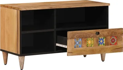Image de Meuble TV avec étagère vidaXL, couleur naturelle, 80 x 33 x 46 cm, bois massif de manguier