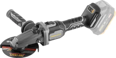 A cordless angle grinder with a battery pack attached, shown against a white background.