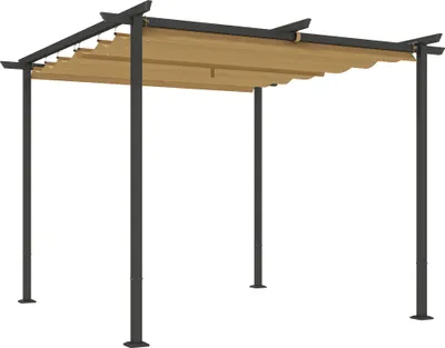 A freestanding pergola with a beige retractable canopy and gray metal frame, shown against a white background.