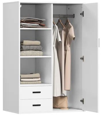 Produktbild von Moderner Kleiderschrank mit 2 Schubladen, offenen Fächern & Kleiderstange, platzsparende Aufbewahrung für Schlafzimmer & Flur, 80x50x124 cm, Weiß