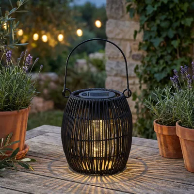 Produktbild von Solar Dekoleuchte Rund Schwarz Tischleuchte Akku Garten Beleuchtung Flechtoptik Lampe Leuchte Dekolampe Solarbetrieben Tischdeko