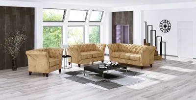 Produktbild von S-STYLE MÖBEL - Zephyr - Chesterfield Polstergarnitur 3+2+1 aus Beige Samt-Stoff, B/T/H: 3er - 237 cm/ 82 cm/ 75 cm