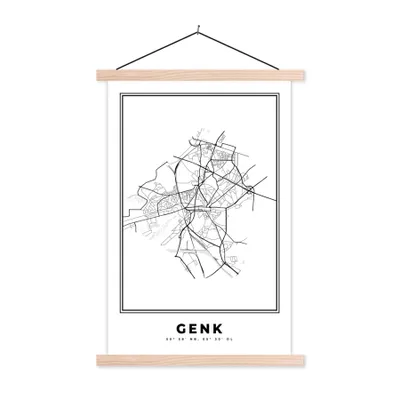 Produktbild von MuchoWow® Textilposter Karte - Stadtplan - Genk - Belgien - Schwarz und weiß 60x90 cm mit holzfarbenen Rahmen - Textil