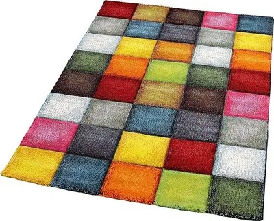Produktbild von Unyqoos® niedrigfloriger Wohnzimmerteppich – bunt kariertes Design mit Quadraten, mehrfarbig, 120 x 170 cm