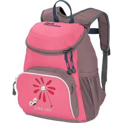 A pink and gray children's backpack with a flower and butterfly design.