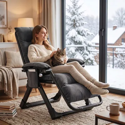 Image de Transat pliable, supportant jusqu'à 200 kg, chaise de relaxation inclinable avec coussin en velours, transat de jardin réglable, idéal pour l'intérieur, l'extérieur, les balcons et les jardins, couleur gris