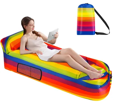 Produktbild von Aufblasbare Strandliege – Ergonomisch mit Kissen und Seitentaschen – Regenbogenfarben