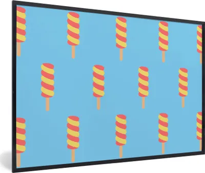 Produktbild von MuchoWow® MuchoWow® Gerahmtes Poster Eiscreme - Muster - Blau - Gelb 30x20 cm - Poster mit zchwarzem Bilderrahmen - Kunstdruck - Bild-Poster