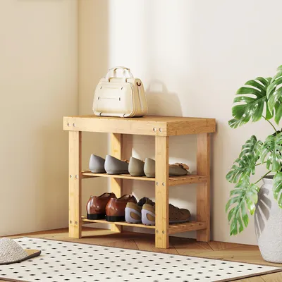 Produktbild von SUGIFT Flurbank 2 Ablagen, Schuhbank Bambus mit Sitzfläche, Sitzhocker Bambus Naturholz | 6 Paar Schuhe | Bis 130 kg | 50 x 28 x 45 cm