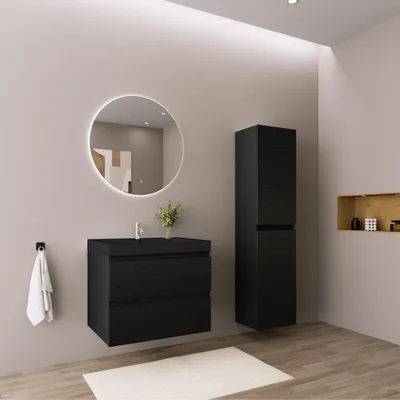 Produktbild von LOMAZOO Badmöbelset AVALON 60 cm - Mit Hochschrank - Schwarzes Eichenholz - Waschbecken Schwarz