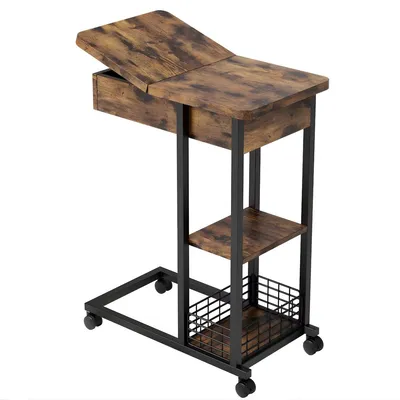 Productafbeelding van C-vormige bijzettafel met wielen - Opklapbaar met opbergplank - Industrieel design - Bruin