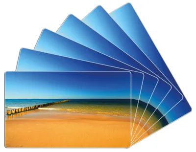 Produktbild von Wallario Frühstücksbrettchen 6er Set aus Glas, je 14 x 23 cm, mit rutschfesten Füßen, Motiv Sandstrand in orange - Blaues Meer - Blauer Himmel