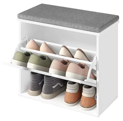 Produktbild von Schuhbank mit Sitzkissen, Stauraum, verstellbare Trennwand, weiß-grau 30 x 60 x 53,5 cm